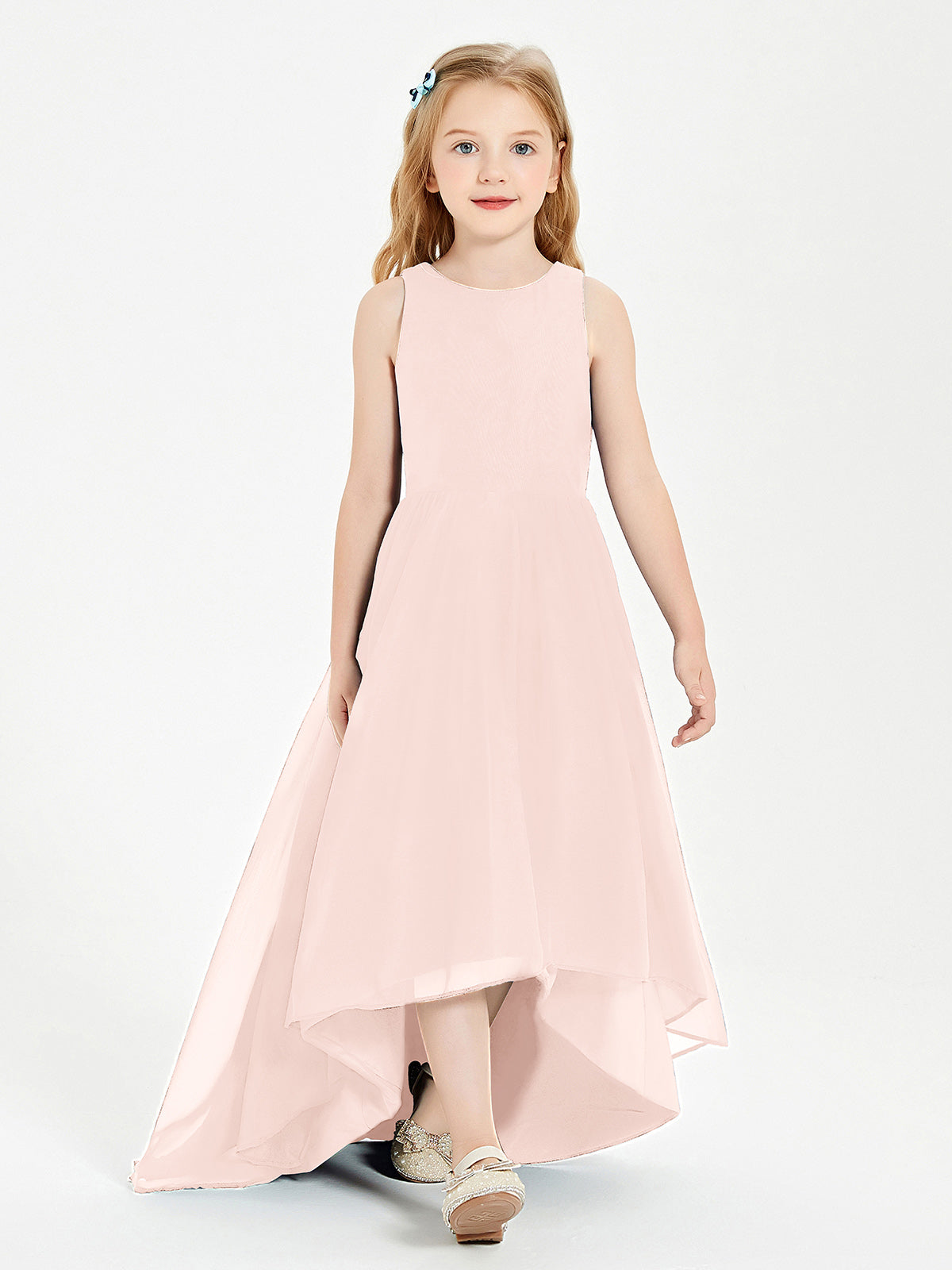Asymmetrical Junior Bridesmaid Dresses with Scoop Neckline Pearl Pink